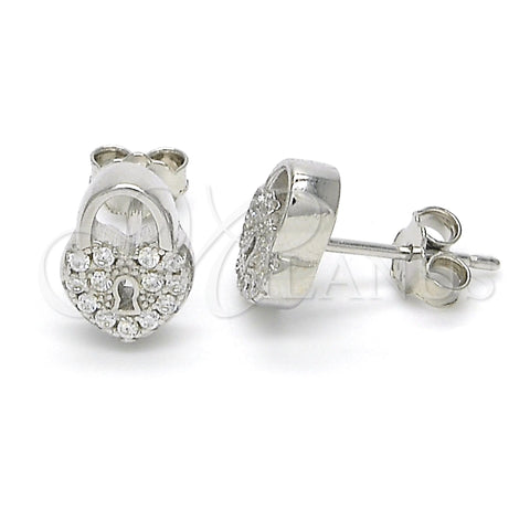 Sterling Silver Stud Earring, Lock and Heart Design, with White Micro Pave, Polished, Rhodium Finish, 02.336.0035