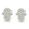 Sterling Silver Stud Earring, Judaica and Hand of God Design, with White Micro Pave, Polished, Rhodium Finish, 02.336.0041