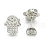 Sterling Silver Stud Earring, Judaica and Hand of God Design, with White Micro Pave, Polished, Rhodium Finish, 02.336.0041