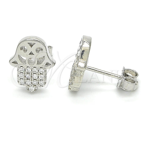 Sterling Silver Stud Earring, Hand of God Design, with White Micro Pave, Polished, Rhodium Finish, 02.336.0041