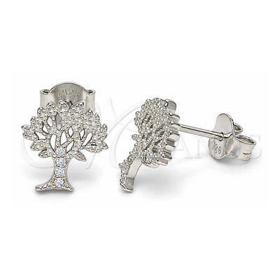 Sterling Silver Stud Earring, Tree Design, with White Micro Pave, Polished, Rhodium Finish, 02.336.0051