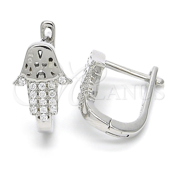 Sterling Silver Huggie Hoop, Hand of God Design, with White Micro Pave, Polished, Rhodium Finish, 02.336.0062.10