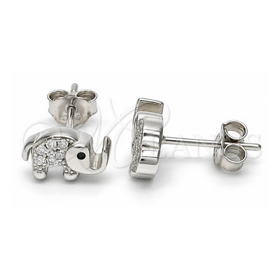 Sterling Silver Stud Earring, Elephant Design, with Black Cubic Zirconia and White Crystal, Polished, Rhodium Finish, 02.336.0066