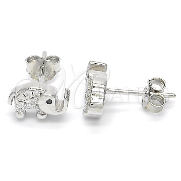 Sterling Silver Stud Earring, Elephant Design, with Black Cubic Zirconia and White Crystal, Polished, Rhodium Finish, 02.336.0066