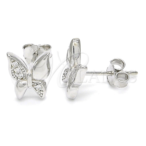 Sterling Silver Stud Earring, Butterfly Design, with White Micro Pave, Polished, Rhodium Finish, 02.336.0067