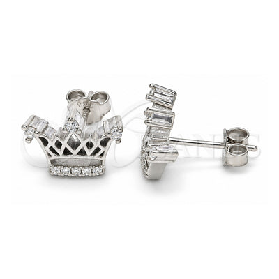 Sterling Silver Stud Earring, Crown Design, with White Cubic Zirconia and White Crystal, Polished, Rhodium Finish, 02.336.0079