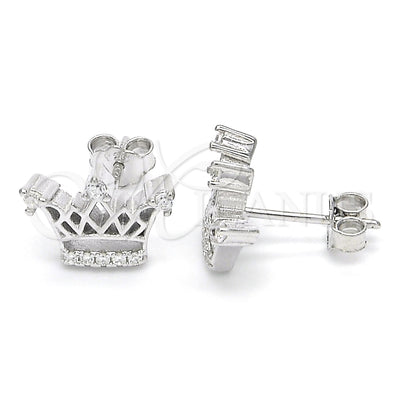 Sterling Silver Stud Earring, Crown Design, with White Cubic Zirconia and White Crystal, Polished, Rhodium for wholesale, main product view