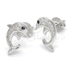 Sterling Silver Stud Earring, Dolphin Design, with Black and White Cubic Zirconia, Polished, Rhodium Finish, 02.336.0082