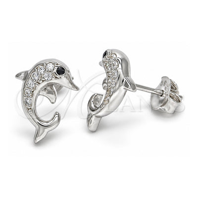 Sterling Silver Stud Earring, Dolphin Design, with Black and White Cubic Zirconia, Polished, Rhodium Finish, 02.336.0082