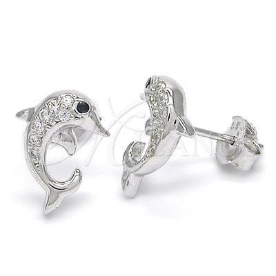 Sterling Silver Stud Earring, Dolphin Design, with Black and White Cubic Zirconia, Polished, Rhodium Finish for wholesale, main product view