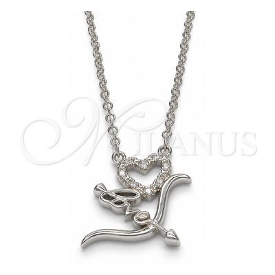 Sterling Silver Pendant Necklace, Heart and Love Design, with White Cubic Zirconia, Polished, Rhodium Finish, 04.336.0008.16 (01 MM Thickness, 16 Inches Length)