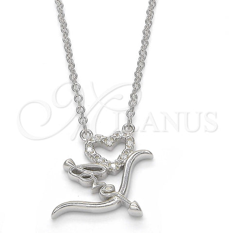Sterling Silver Pendant Necklace, Heart and Love Design, with White Cubic Zirconia, Polished, Rhodium Finish, 04.336.0008.16 (01 MM Thickness, 16 Inches Length)