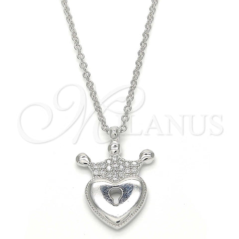 Sterling Silver Pendant Necklace, Lock and Crown Design, with White Cubic Zirconia, Polished, Rhodium Finish, 04.336.0010.16 (01 MM Thickness, 16 Inches Length)