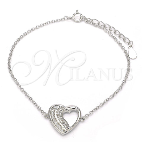 Sterling Silver Fancy Bracelet, Heart Design, with White Micro Pave, Polished, Rhodium Finish, 03.336.0001.07 (01 MM Thickness, 7 Inches Length)