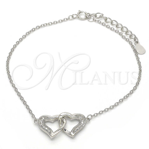 Sterling Silver Fancy Bracelet, Heart Design, with White Micro Pave, Polished, Rhodium Finish, 03.336.0025.07 (01 MM Thickness, 7 Inches Length)