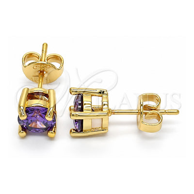 Oro Laminado Stud Earring, Gold Filled Style with Amethyst Cubic Zirconia, Polished, Golden Finish, 02.284.0010.3