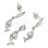 Sterling Silver Earring and Pendant Adult Set, Dolphin Design, with White Cubic Zirconia, Polished, Rhodium Finish, 10.337.0008