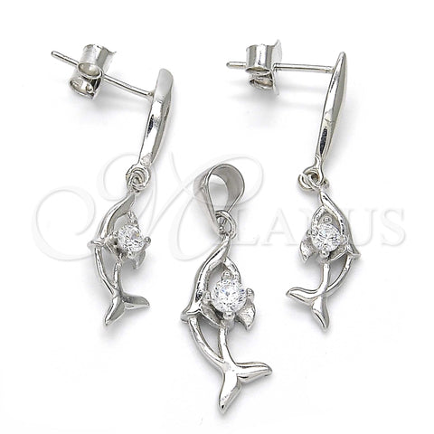 Sterling Silver Earring and Pendant Adult Set, Dolphin Design, with White Cubic Zirconia, Polished, Rhodium Finish, 10.337.0008