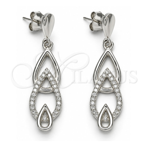 Sterling Silver Long Earring, Teardrop Design, with White Cubic Zirconia, Polished, Rhodium Finish, 02.337.0002