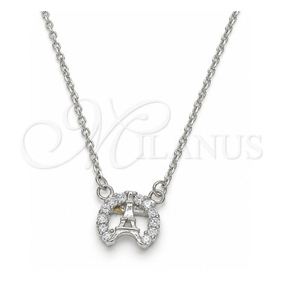 Sterling Silver Pendant Necklace, Eiffel Tower Design, with White Cubic Zirconia, Polished, Rhodium Finish, 04.337.0012.16 (01 MM Thickness, 16 Inches Length)