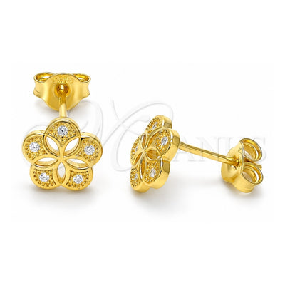 Sterling Silver Stud Earring, Flower Design, with White Micro Pave, Polished, Golden Finish, 02.292.0010.1