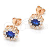 Sterling Silver Stud Earring, Flower Design, with Sapphire Blue and White Cubic Zirconia, Polished, Rose Gold Finish, 02.186.0021.3