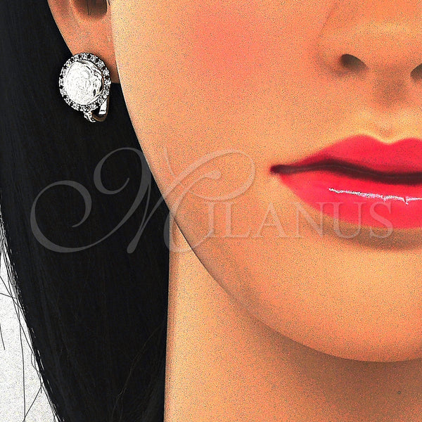 Sterling Silver Hoop Earrings — Huggie Hoop Flower Design with White Cubic Zirconia — alternate product view — SKU 123346 | Plata 925 aretes de aro — Huggie Hoop flor diseño with blanco Cubic Zirconia — SKU 123346