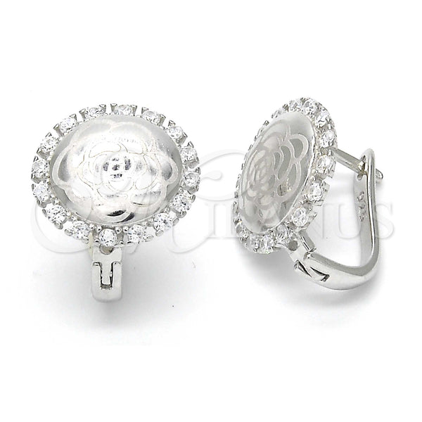 Sterling Silver Hoop Earrings — Huggie Hoop Flower Design with White Cubic Zirconia — main product view — SKU 123346 | Plata 925 aretes de aro — Huggie Hoop flor diseño with blanco Cubic Zirconia — SKU 123346