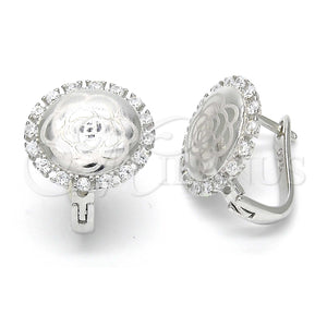 Sterling Silver Hoop Earrings — Huggie Hoop Flower Design with White Cubic Zirconia — main product view — SKU 123346 | Plata 925 aretes de aro — Huggie Hoop flor diseño with blanco Cubic Zirconia — SKU 123346