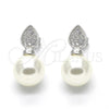 Sterling Silver Stud Earring, Teardrop Design, with Ivory Pearl and White Micro Pave, Polished, Rhodium Finish, 02.186.0072