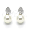 Sterling Silver Stud Earring, Teardrop Design, with Ivory Pearl and White Micro Pave, Polished, Rhodium Finish, 02.186.0072