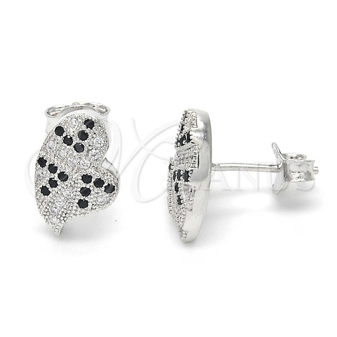 Sterling Silver Stud Earring, Heart Design, with Black and White Micro Pave, Polished, Rhodium Finish, 02.186.0074