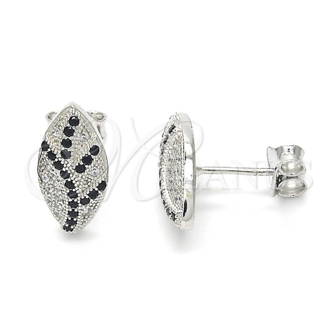 Sterling Silver Stud Earring, with Black and White Micro Pave, Polished, Rhodium Finish, 02.186.0076