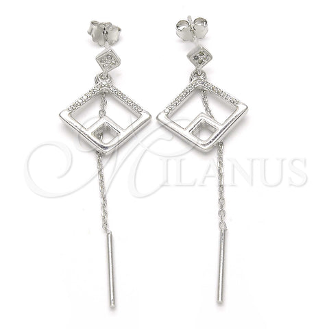 Sterling Silver Long Earring, with White Micro Pave, Polished, Rhodium Finish, 02.186.0086