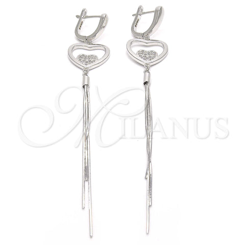 Sterling Silver Long Earring, Heart Design, with White Micro Pave, Polished, Rhodium Finish, 02.186.0094