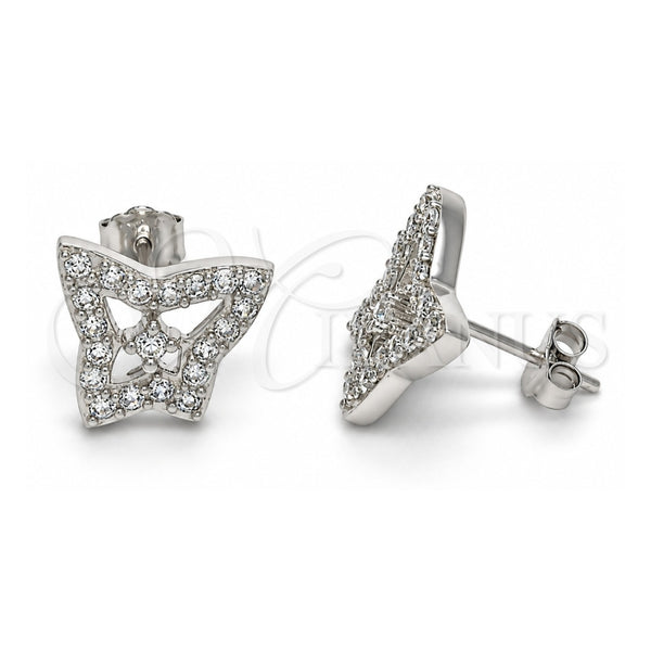 Sterling Silver Stud Earring, Butterfly Design, with White Cubic Zirconia, Polished, Rhodium Finish, 02.186.0108