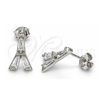 Sterling Silver Stud Earring, Eiffel Tower Design, with White Cubic Zirconia, Polished, Rhodium Finish, 02.186.0115
