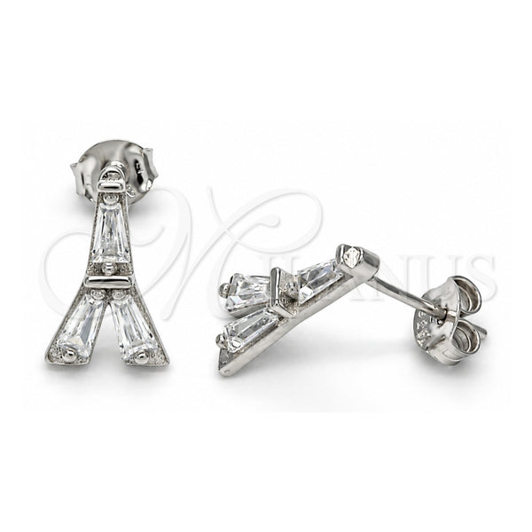 Sterling Silver Stud Earring, Eiffel Tower Design, with White Cubic Zirconia, Polished, Rhodium Finish, 02.186.0115