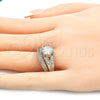 Oro Laminado Wedding Ring, Gold Filled Style Duo Design, with White Cubic Zirconia, Polished, Golden Finish, 01.284.0020.08 (Size 8)