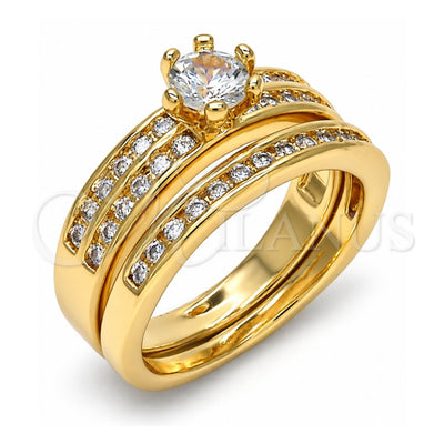 Oro Laminado Wedding Ring, Gold Filled Style Duo Design, with White Cubic Zirconia, Polished, Golden Finish, 01.284.0023.07 (Size 7)