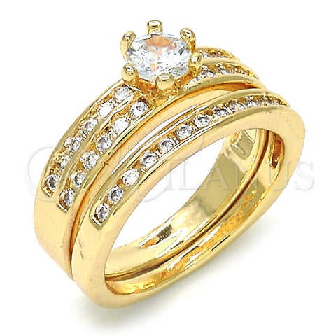 Oro Laminado Wedding Ring, Gold Filled Style Duo Design, with White Cubic Zirconia, Polished, Golden Finish, 01.284.0023.07 (Size 7)