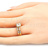 Oro Laminado Wedding Ring, Gold Filled Style Duo and Baguette Design, with White Cubic Zirconia, Polished, Golden Finish, 01.284.0037.09 (Size 9)