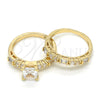 Oro Laminado Wedding Ring, Gold Filled Style Duo and Baguette Design, with White Cubic Zirconia, Polished, Golden Finish, 01.284.0037.09 (Size 9)