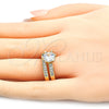 Oro Laminado Wedding Ring, Gold Filled Style Duo Design, with White Cubic Zirconia, Polished, Golden Finish, 01.284.0030.09 (Size 9)