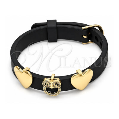 Oro Laminado Fancy Bracelet, Gold Filled Style Owl and Heart Design, with Black and White Micro Pave, Polished, Golden Finish, 03.63.1930.08 (10 MM Thickness, 8 Inches Length)