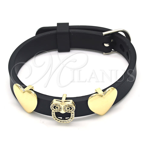 Oro Laminado Fancy Bracelet, Gold Filled Style Owl and Heart Design, with Black and White Micro Pave, Polished, Golden Finish, 03.63.1930.08 (10 MM Thickness, 8 Inches Length)
