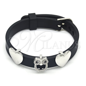 White Gold Filled Bracelet — Fancy Bracelet Owl and Heart Design with Black — main product view — SKU 123636 | Oro Laminado Blanco brazalete — elegante Bracelet Owl and corazón diseño with negro — SKU 123636