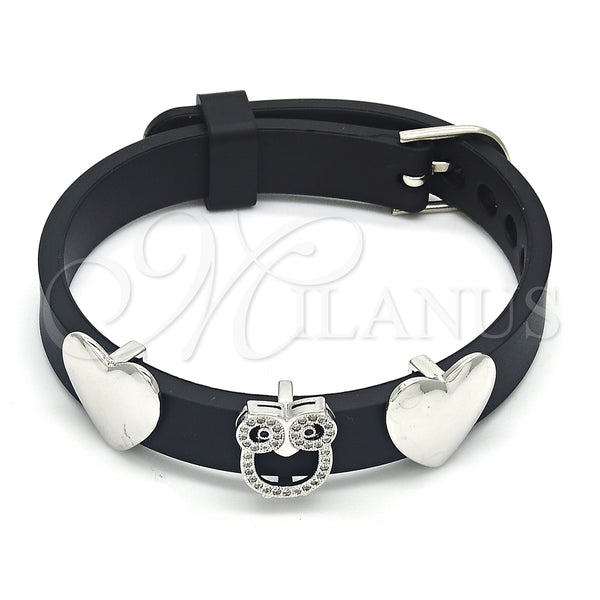 White Gold Filled Bracelet — Fancy Bracelet Owl and Heart Design with Black — main product view — SKU 123636 | Oro Laminado Blanco brazalete — elegante Bracelet Owl and corazón diseño with negro — SKU 123636