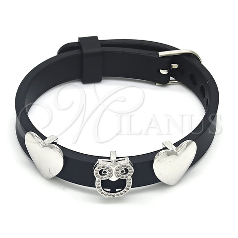 Rhodium Plated Fancy Bracelet, Owl and Heart Design, with Black and White Micro Pave, Polished, Rhodium Finish, 03.63.1930.1.08 (10 MM Thickness, 8 Inches Length)