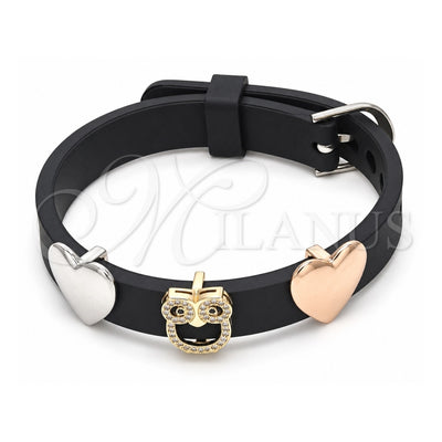 Oro Laminado Fancy Bracelet, Gold Filled Style Owl and Heart Design, with Black and White Micro Pave, Polished, Tricolor, 03.63.1930.2.08 (10 MM Thickness, 8 Inches Length)